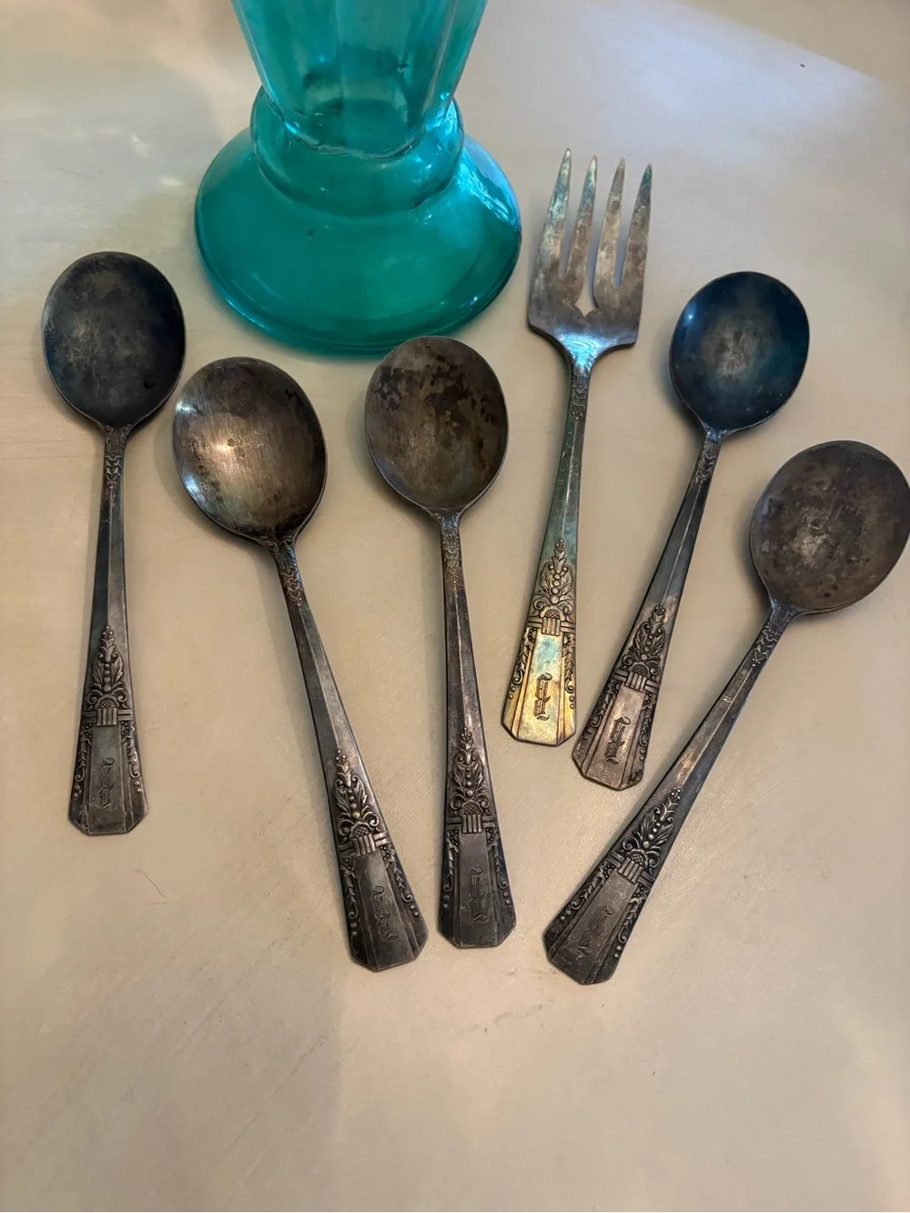 Vintage-Style Blackened Silver Dessert Spoon Set - Home Dining